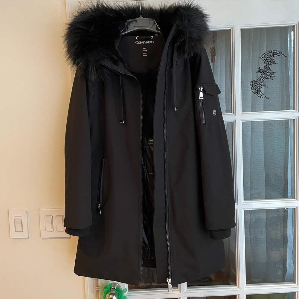 calvin klein szS black faux fur lined winter/rain coat